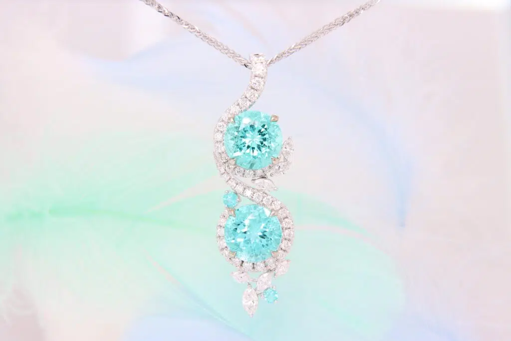 Fine Jewellery Paraiba Tourmaline Round Brilliance in single pendant design unique fine jewellery design customised by GIOIA Fine Jewellery