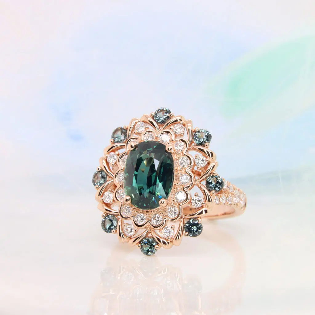 Teal Sapphire with Art Deco Halo Diamond and Bluish Green Spinel Gemstone
