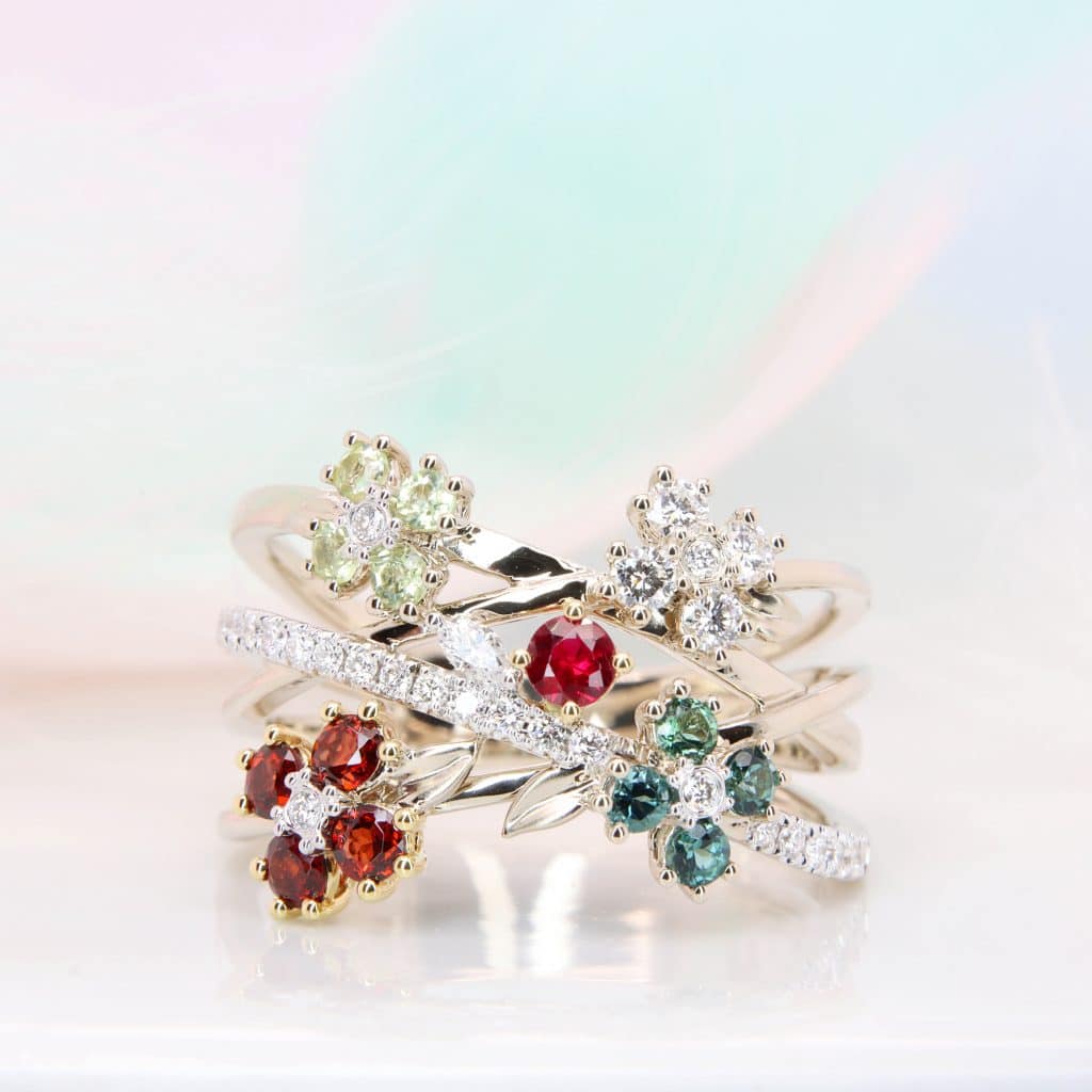 Family Heirloom Floral Ring with Birthstone Ruby, Tourmaline, Garnet, Peridot and diamond