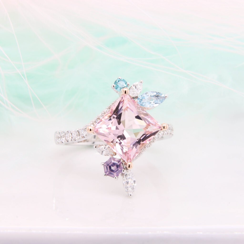 Cluster morganite engagement ring with a princess-cut centre, aquamarine, tourmaline and purple spinel in rose gold, GIOIA