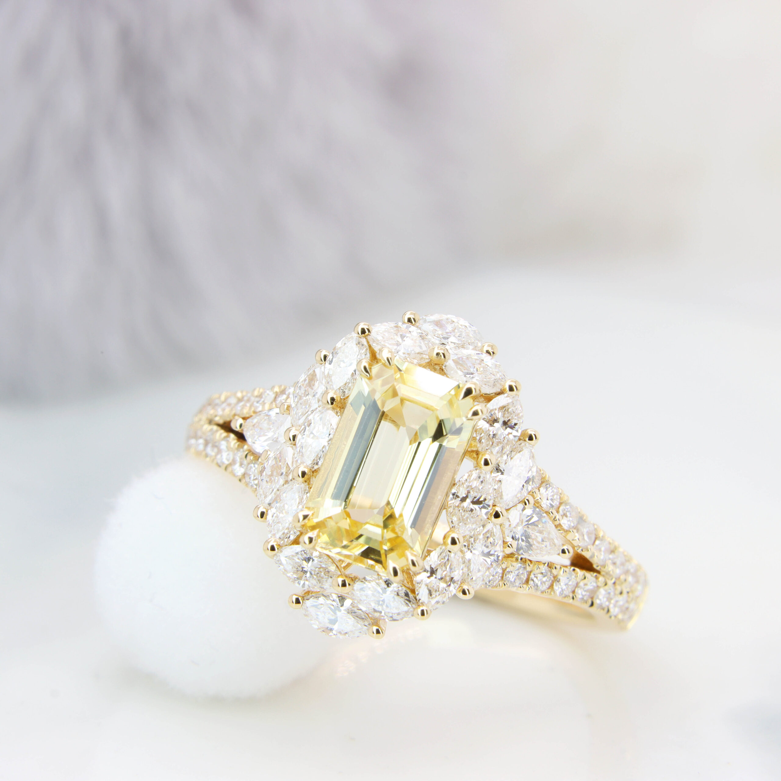 Yellow Sapphire Ring with Marquise halo diamond engagement ring