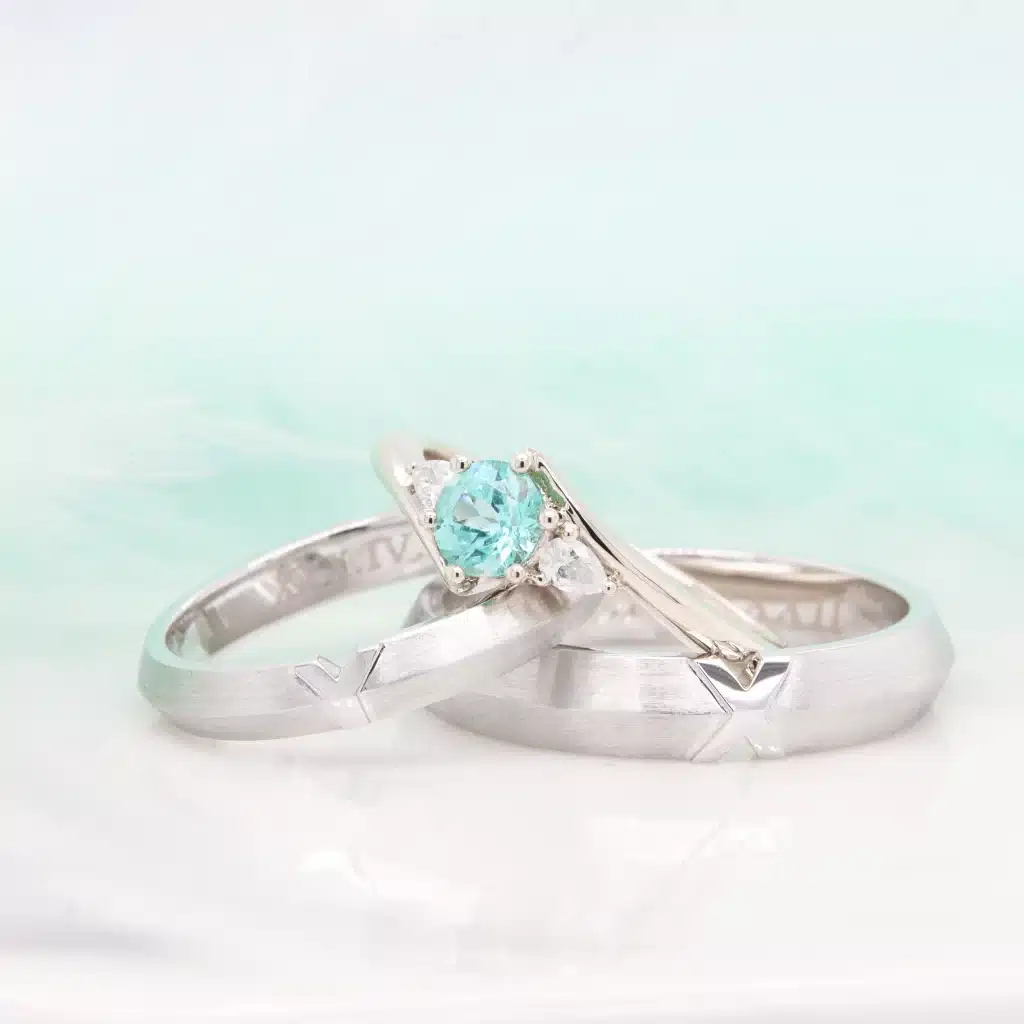 Unique Wedding Bands Design to stack with paraiba Tourmaline engagement ring - Custom wedding bands