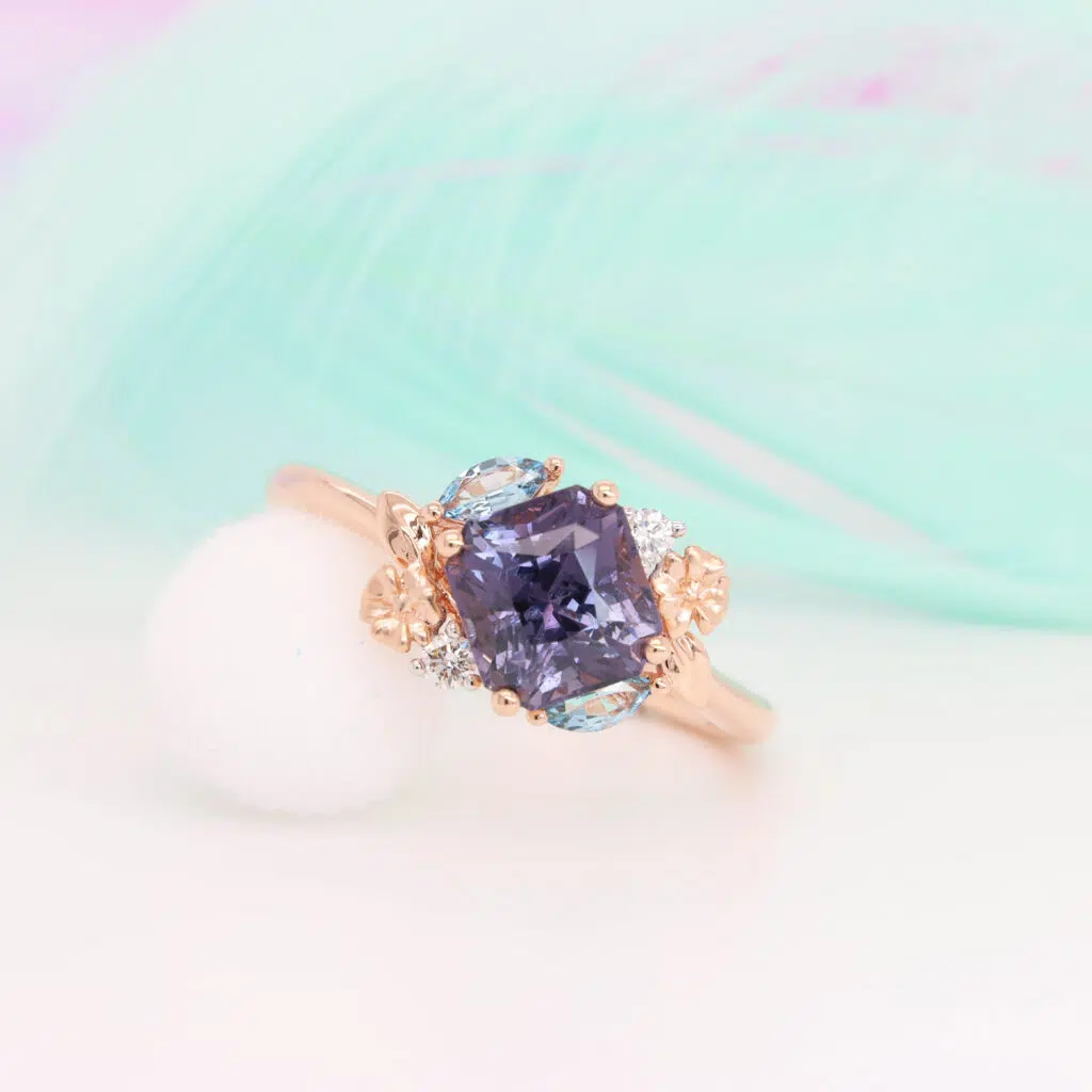 Violet Spinel Cluster Leaves with Gemstone Ring Purple Spinel Aquamarine Cluster Gemstone Engagement Ring