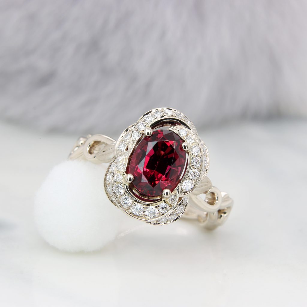 Floral Ring inspired design Garnet Halo Diamond Ring unique proposal ring in singapore by GIOIA Fine Jewellery