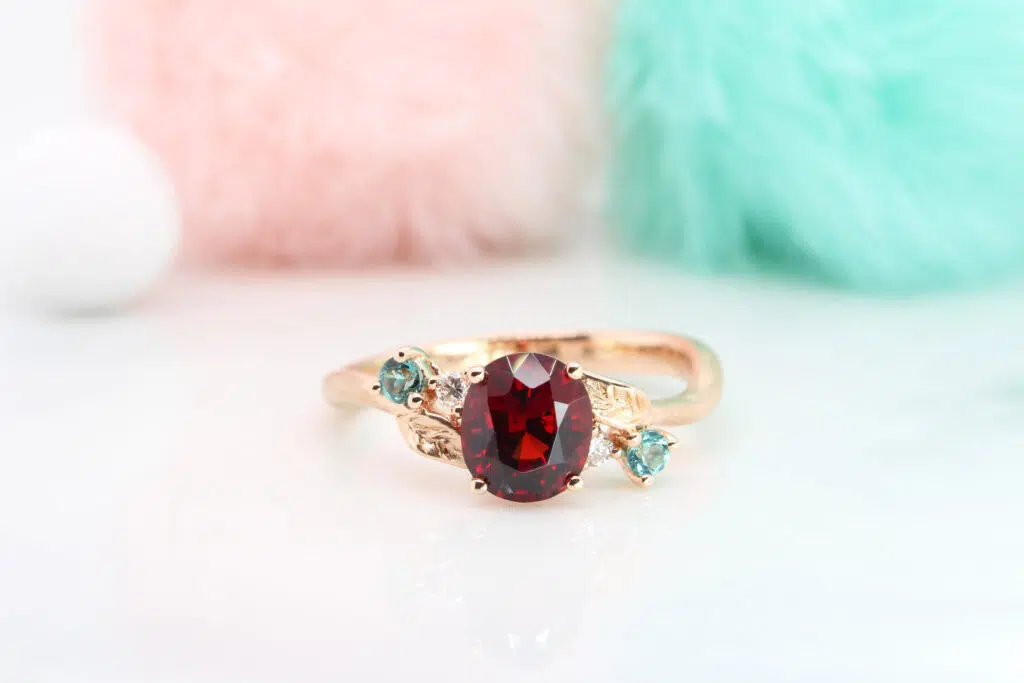 Red Spinel Cluster Gemstone Engagement Ring with side Lagoon tourmaline and floral inspired cluster design proposal ring