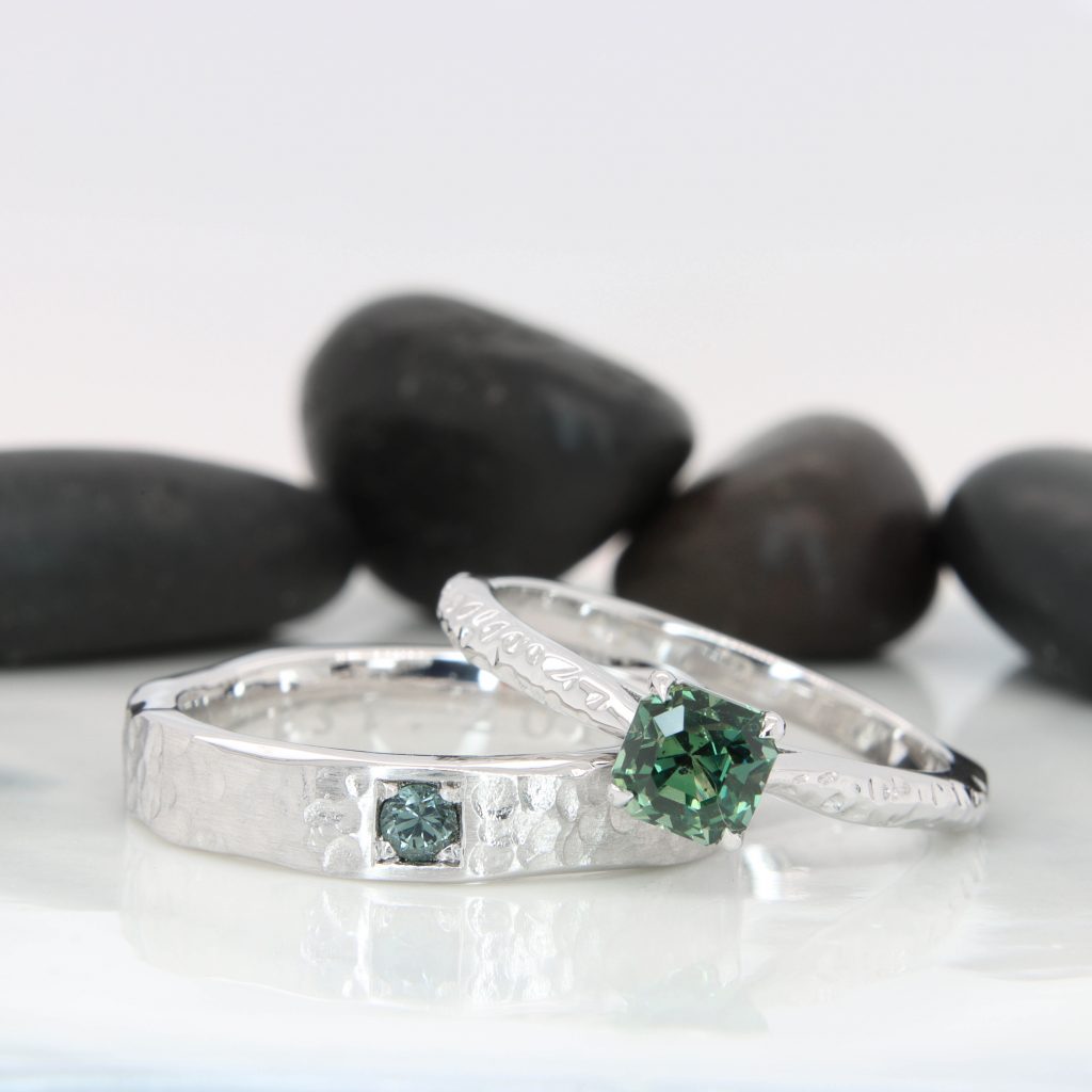 Custom Wedding Bands with Teal Sapphire Gemstone and unique bluish green spinel gemstone.
