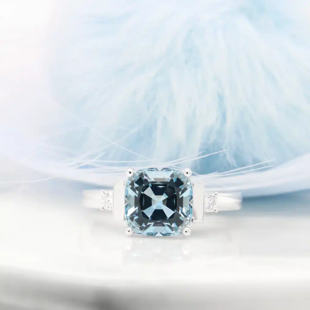 Aquamarine Ring Modern Art Deco Design with Fancy Diamond Proposal Jewellery in Singapore by GIOIA Fine Jewellery