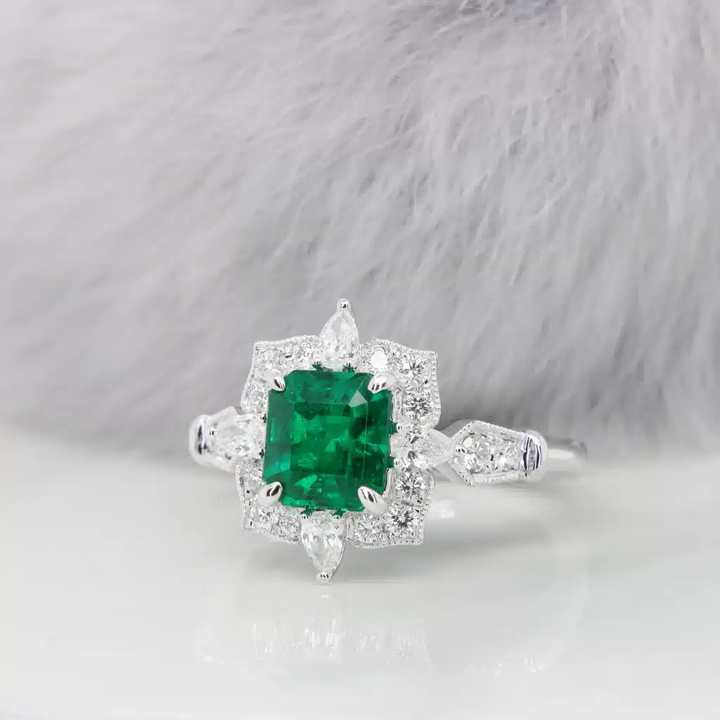 Muzo Emerald Minor Oil Artdeco Proposal Ring Custom gemstone engagement ring in Singapore