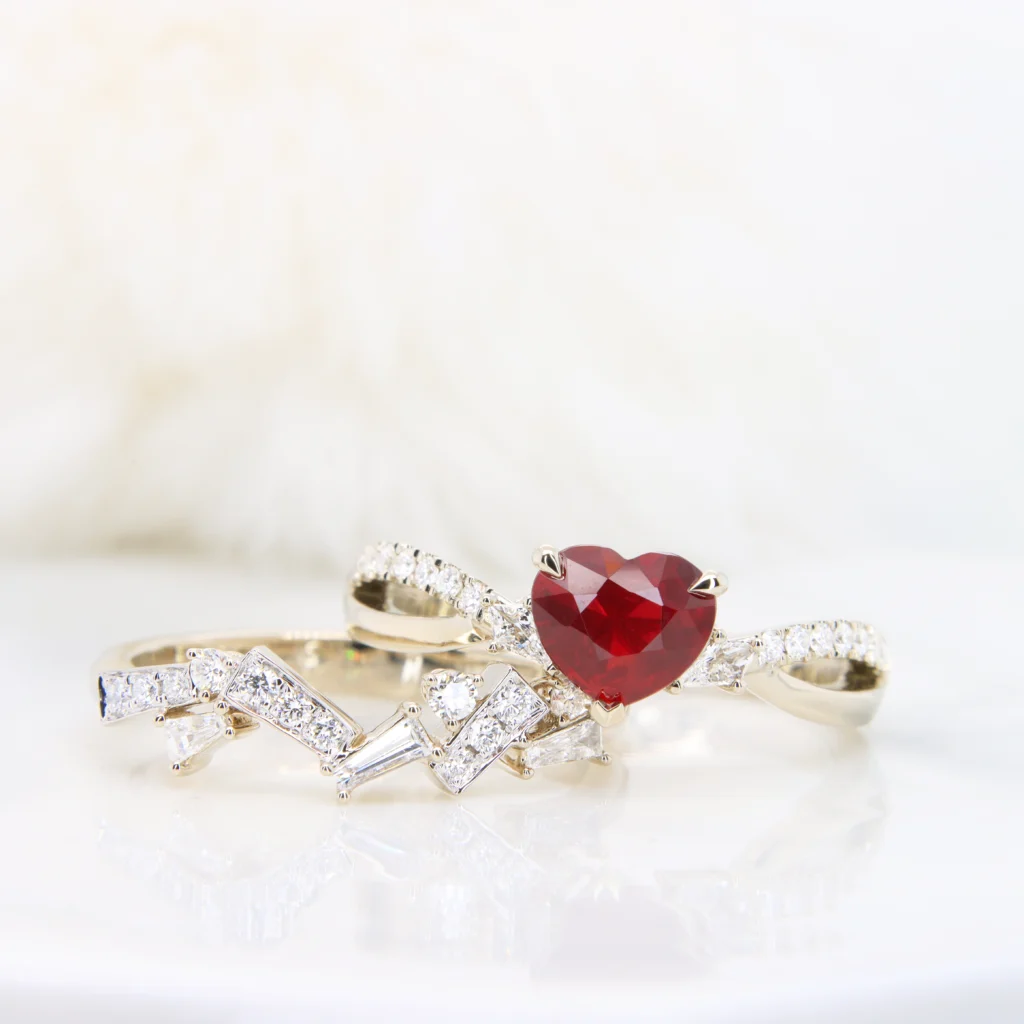 Personalised Wedding with Heartshape Ruby Pigeon Blood Unheated Wedding Rings with Geometric Wedding Bands