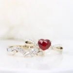 Heartshape Ruby Pigeon Blood Unheated Wedding Rings with Geometric Wedding Bands