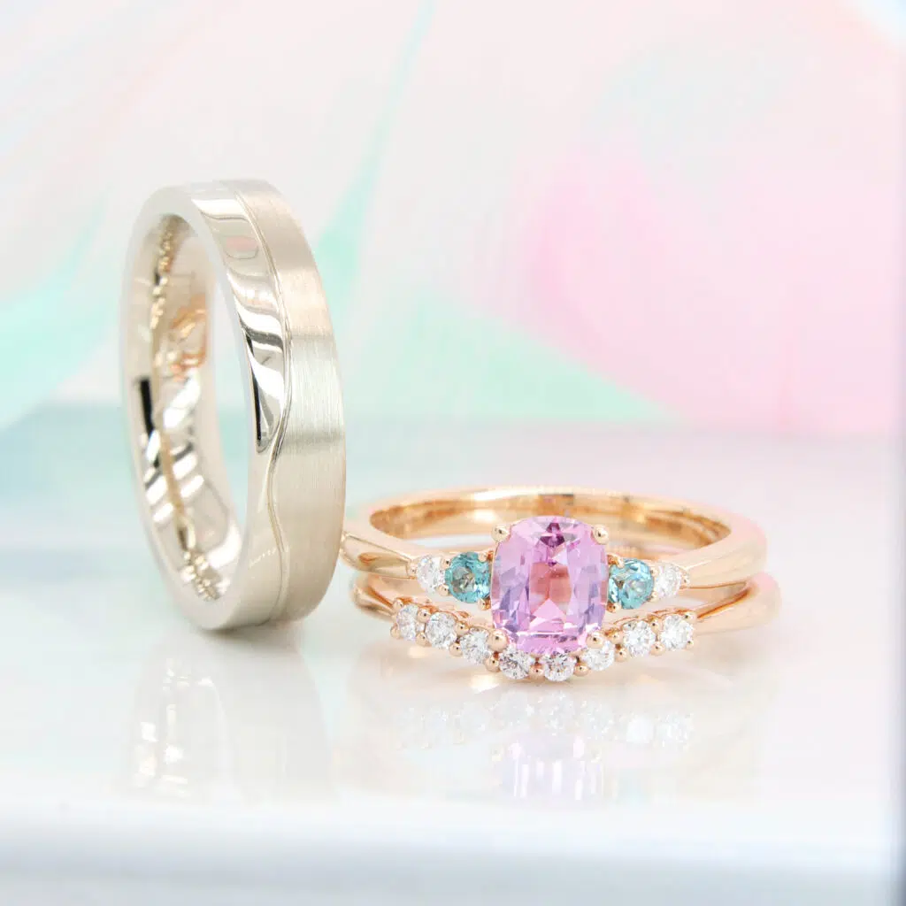 Pink Sapphire Engagement Ring Stackable Wedding Bands - Pink Sapphire with custom wedding bands in Singapore