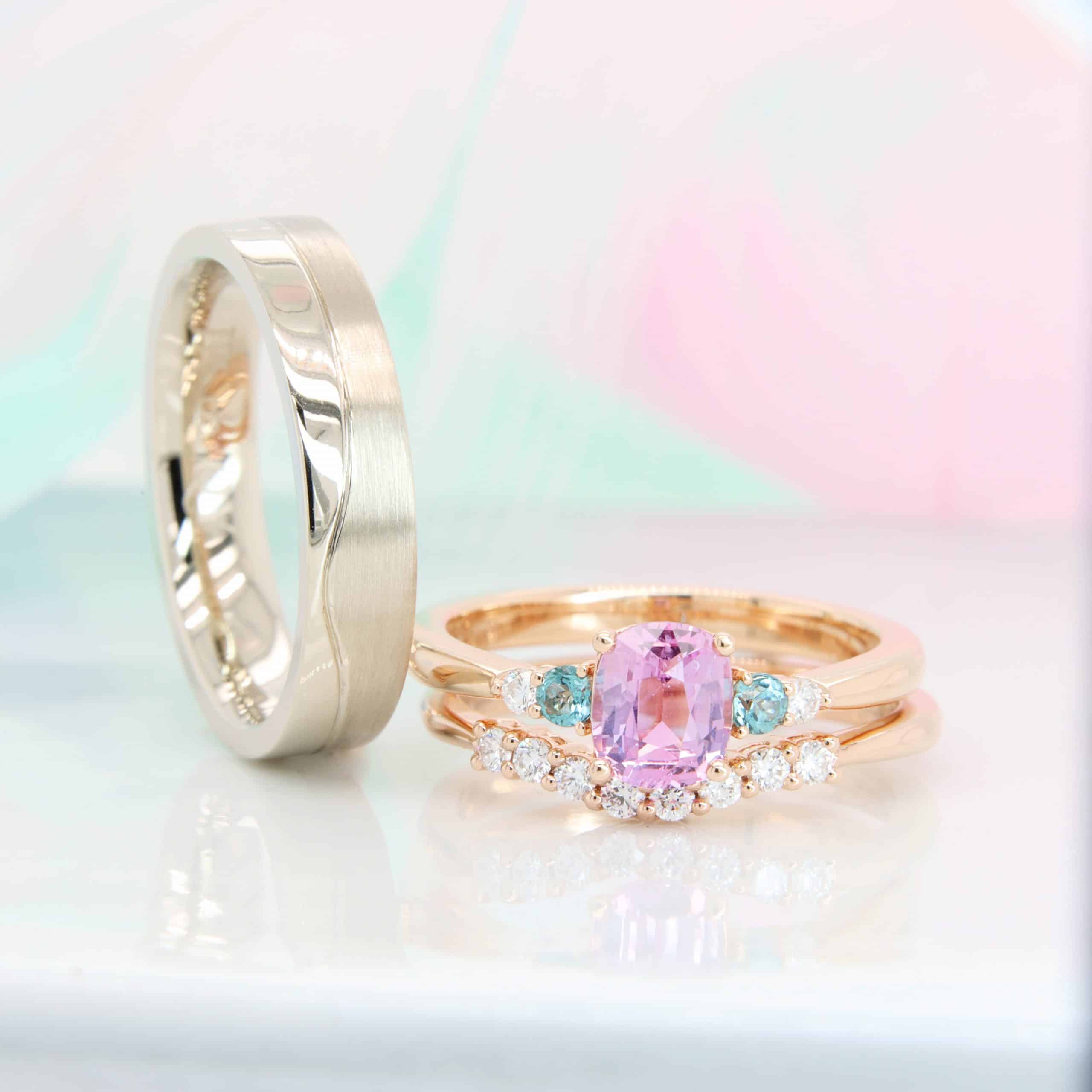 Pink Sapphire Engagement Ring with stackable wedding bands