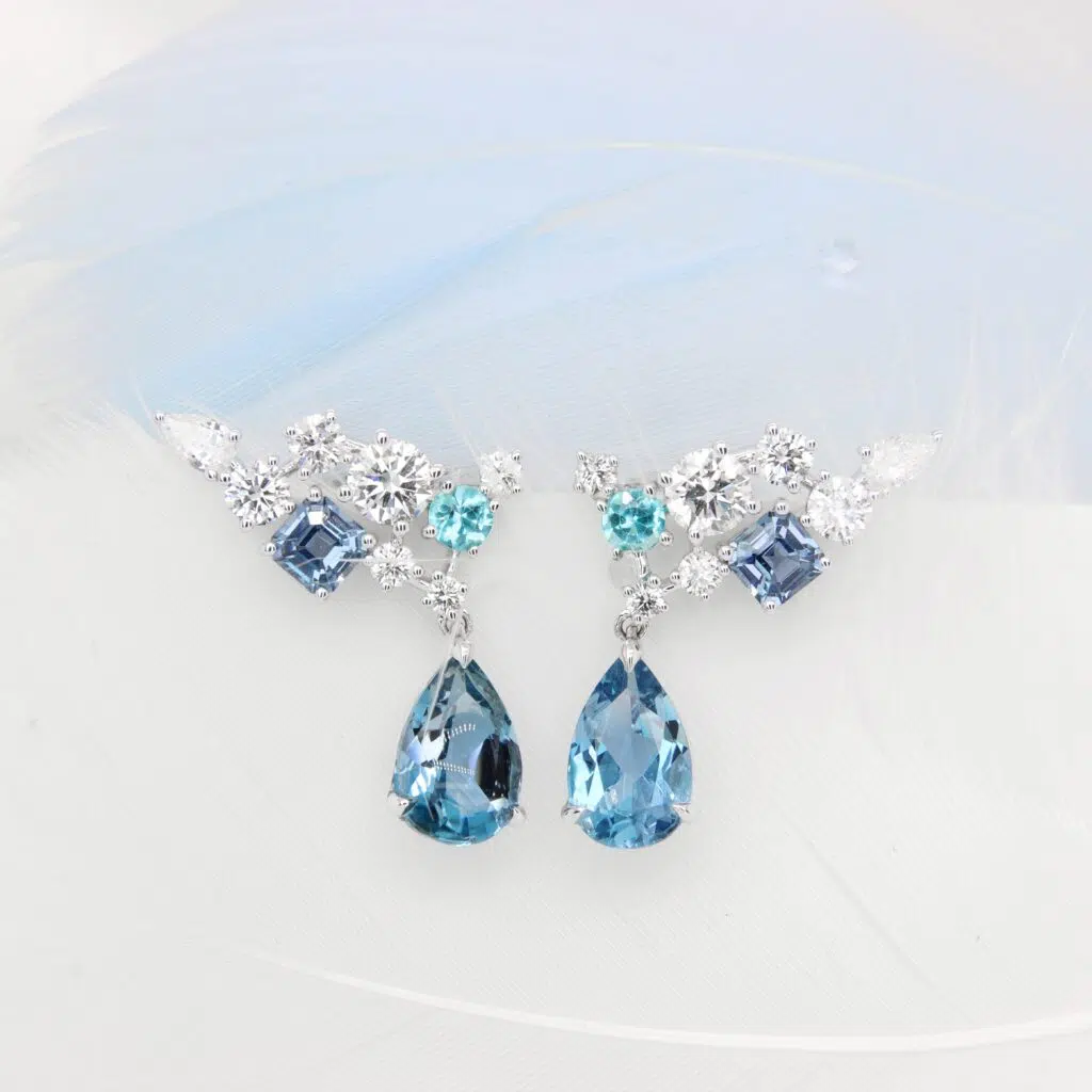Aquamarine Dangle Earring with Cluster Diamond and Paraiba Tourmaline Spinel