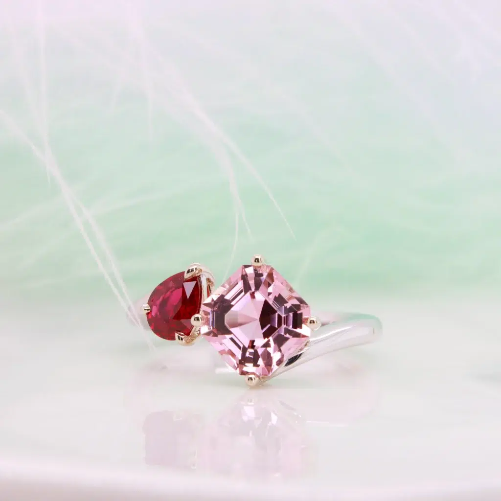 Custom Toi et Moi Ring featuring Ruby Tourmaline Toi in different fancy shape pear and asscher cut Custom Proposal Ring in Singapore 