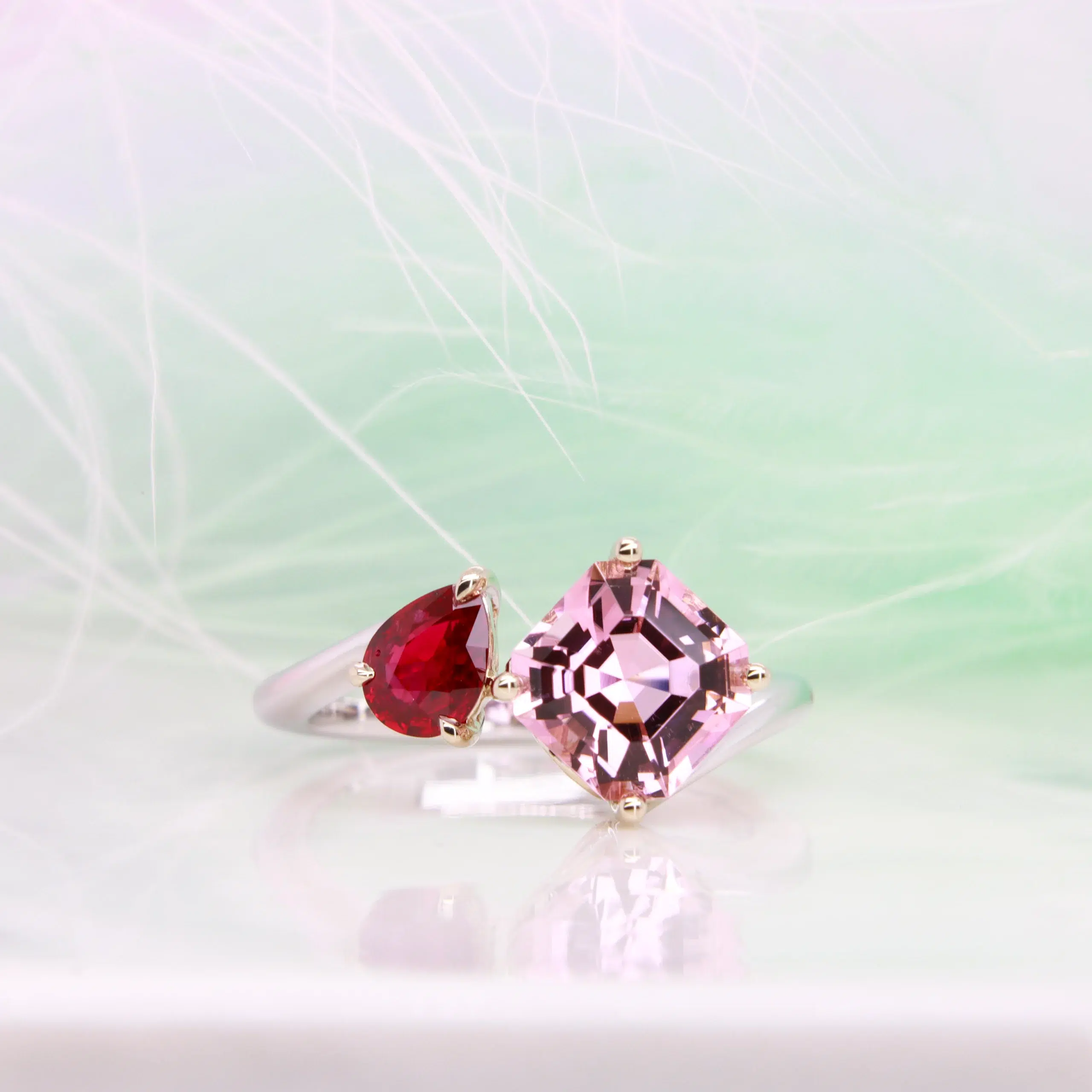 Toi et moi ring with ruby and pink tourmaline, a GIOIA bespoke commission