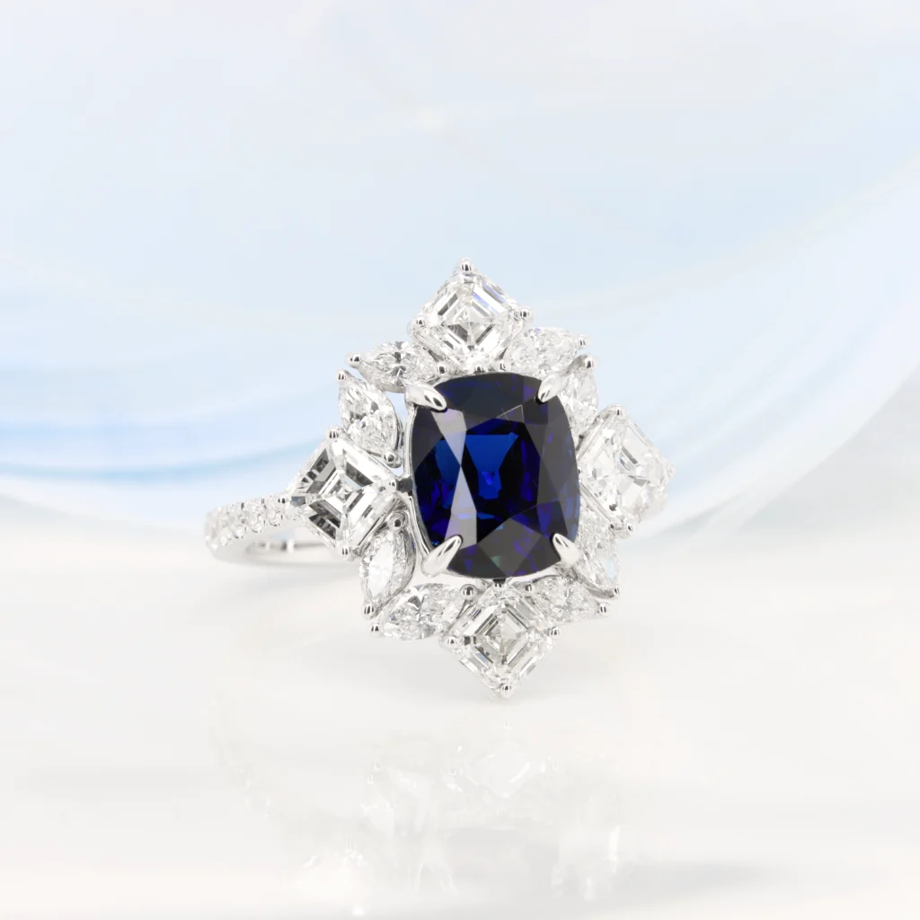 Burma Royal Blue Sapphire ArtDeco Diamond Ring Unheated Royal Blue
