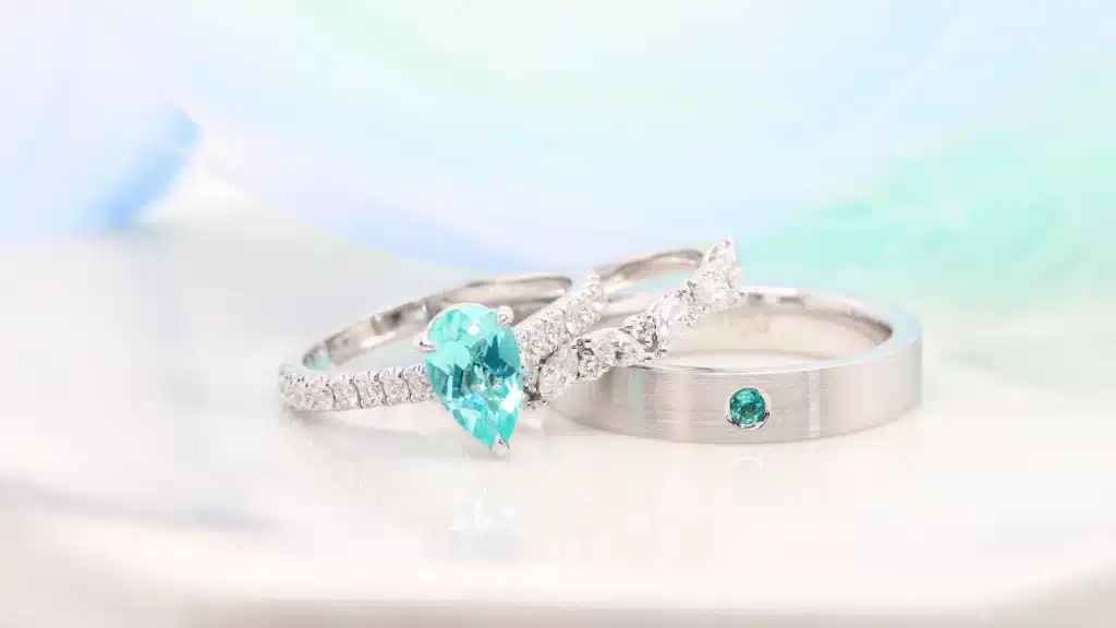 Customised Engagement Ring with Paraiba Tourmaline - Unique Customised wedding bands stackable to the engagement ring jewellery set