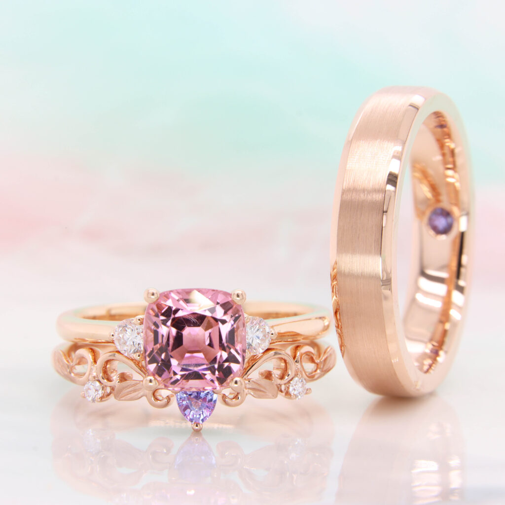 Pink Tourmaline Engagement Ring with Wedding Ring Set - Customised Wedding Bands Stackable Design with filigree and birthstone tanzanite wedding jewellery
