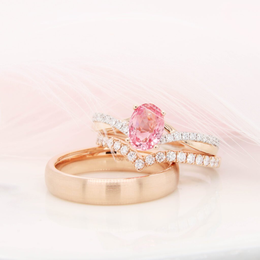 Customised Engagement Ring with Stackable Wedding Bands - Sapphire padparadscha ring with diamond.