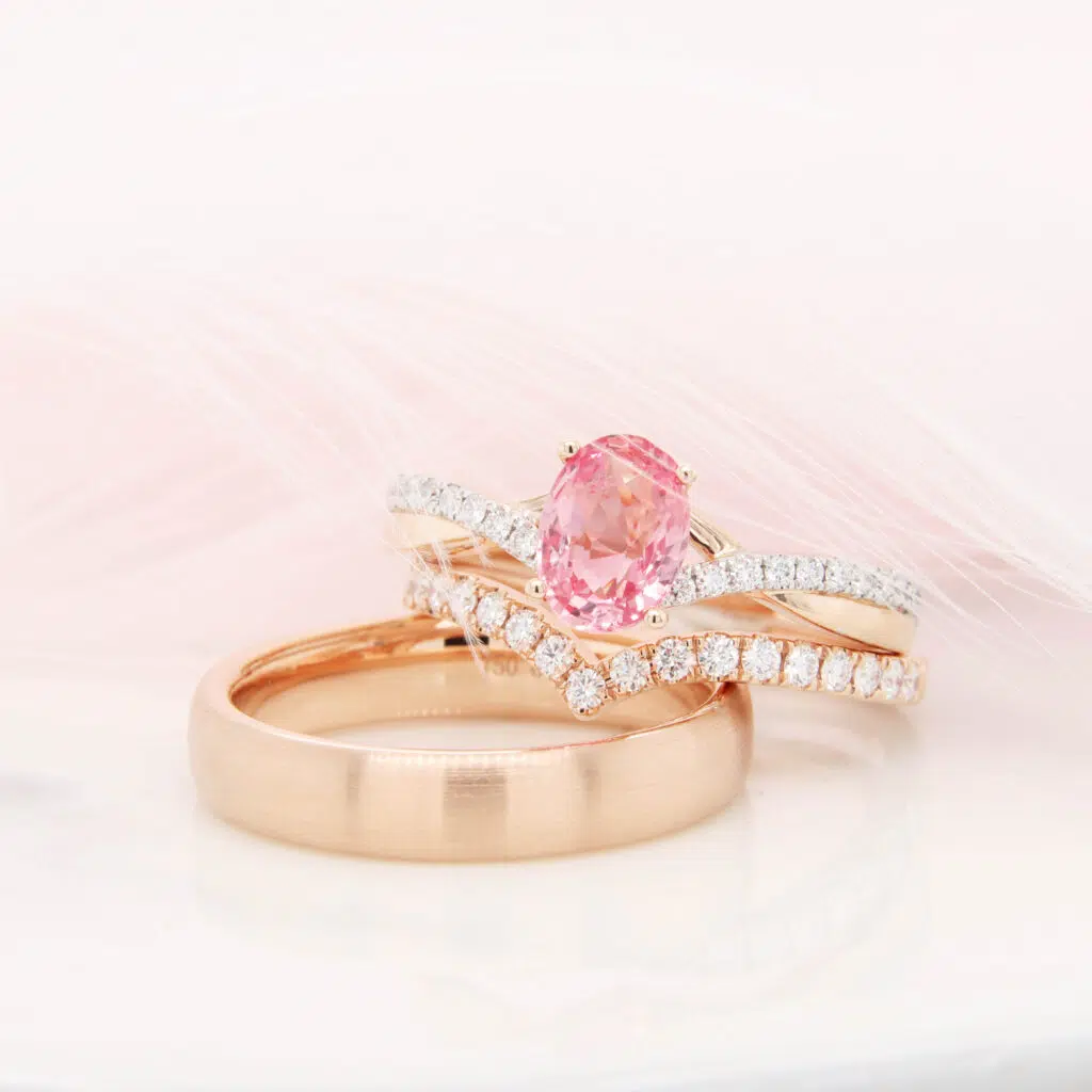 Customised Engagement Ring with Stackable Wedding Bands - Sapphire padparadscha ring with diamond.