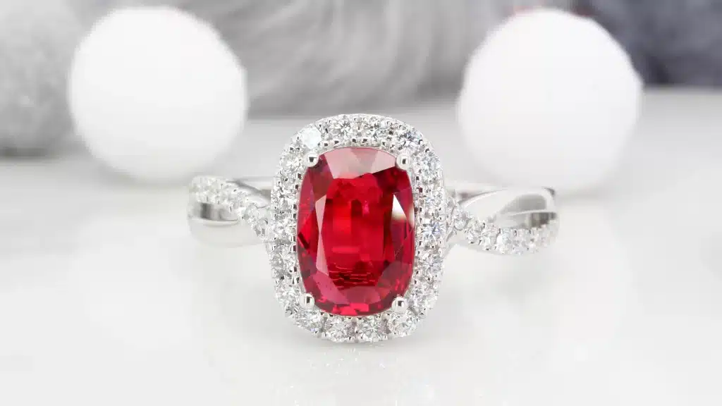 Ruby Gemstone Ring with pigeon blood ruby gemstone surround diamond white gold ring