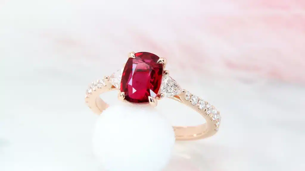 Ruby Engagement Ring pigeon blood ruby gemstone customised engagement ring with side trillion and round diamond in rose gold proposal ring