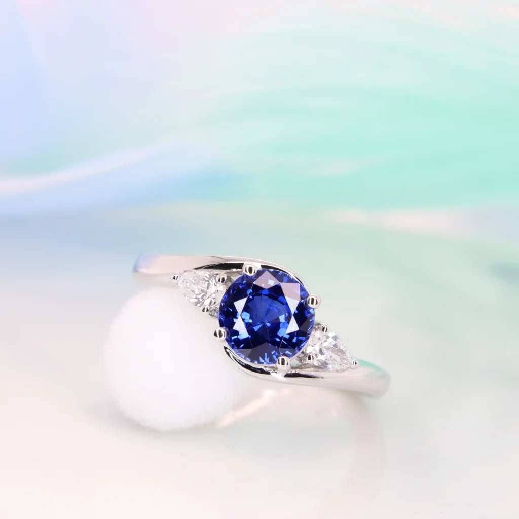 Round Blue Sapphire Ring side Pear with curve band Custom engagement ring