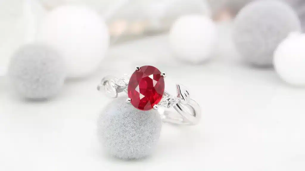Ruby Engagement Ring pigeon blood ruby gemstone customised leaves inspired design