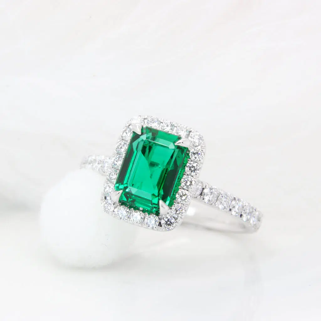 Vivid Green No Oil Emerald Ring with Halo Diamond Jewellery