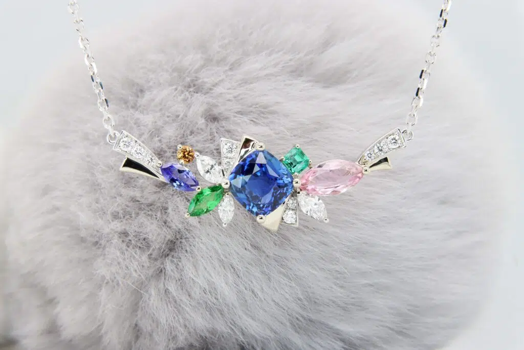 Blue Sapphire Necklace with Family Birthstone Jewellery Emerald Tsavorite Mandrian Garnet Tanzanite to Imperial Topaz Customised Jewellery