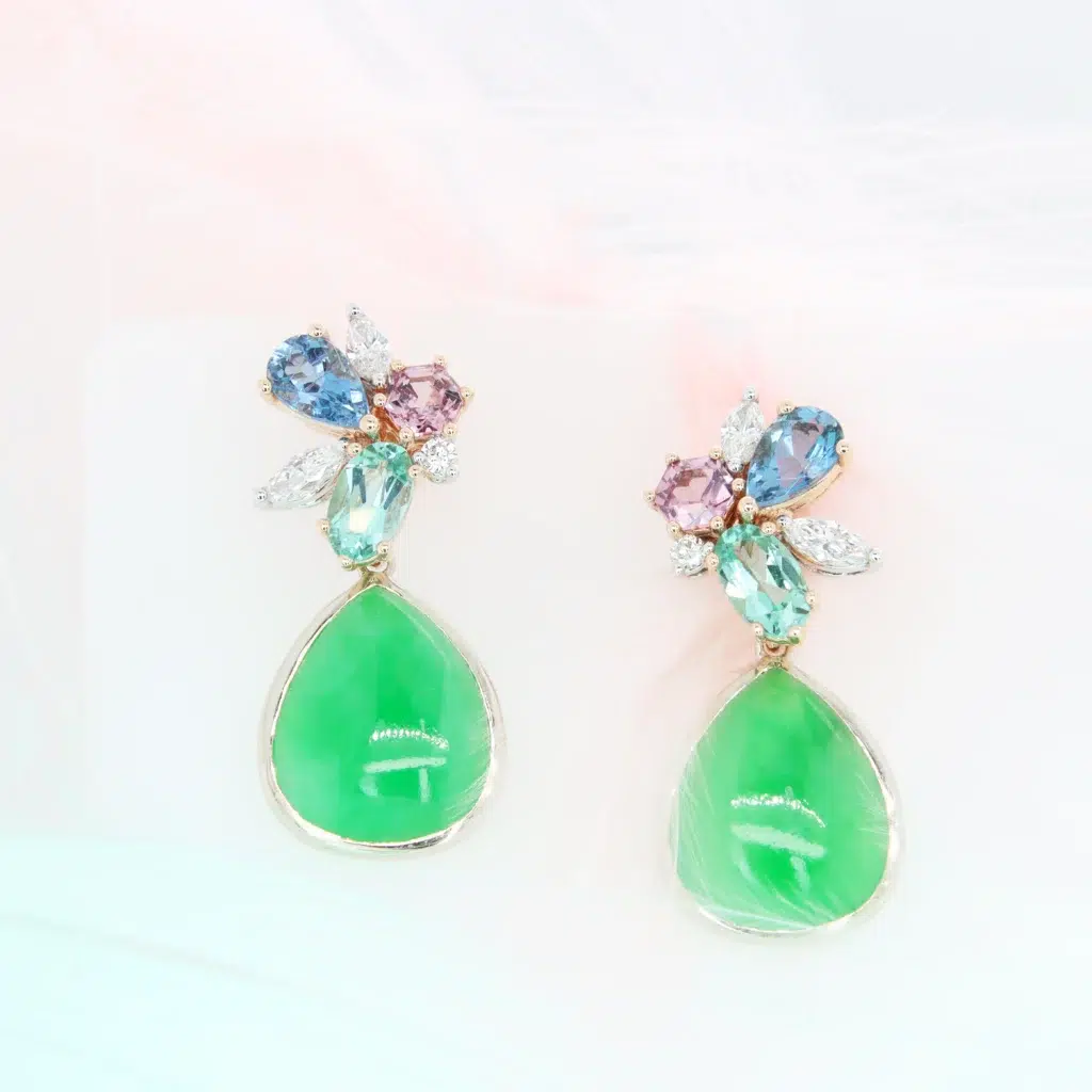 Customised Wedding Jewellery - Cluster Gemstone Earring Stud with Dangle Jade Earring Wedding Jewellery