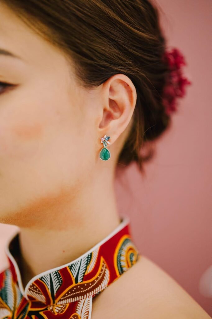 Modern Si Dian Jin Jewellery with Cluster Gemstone Earring Stud Jewellery with Jade Dangle 