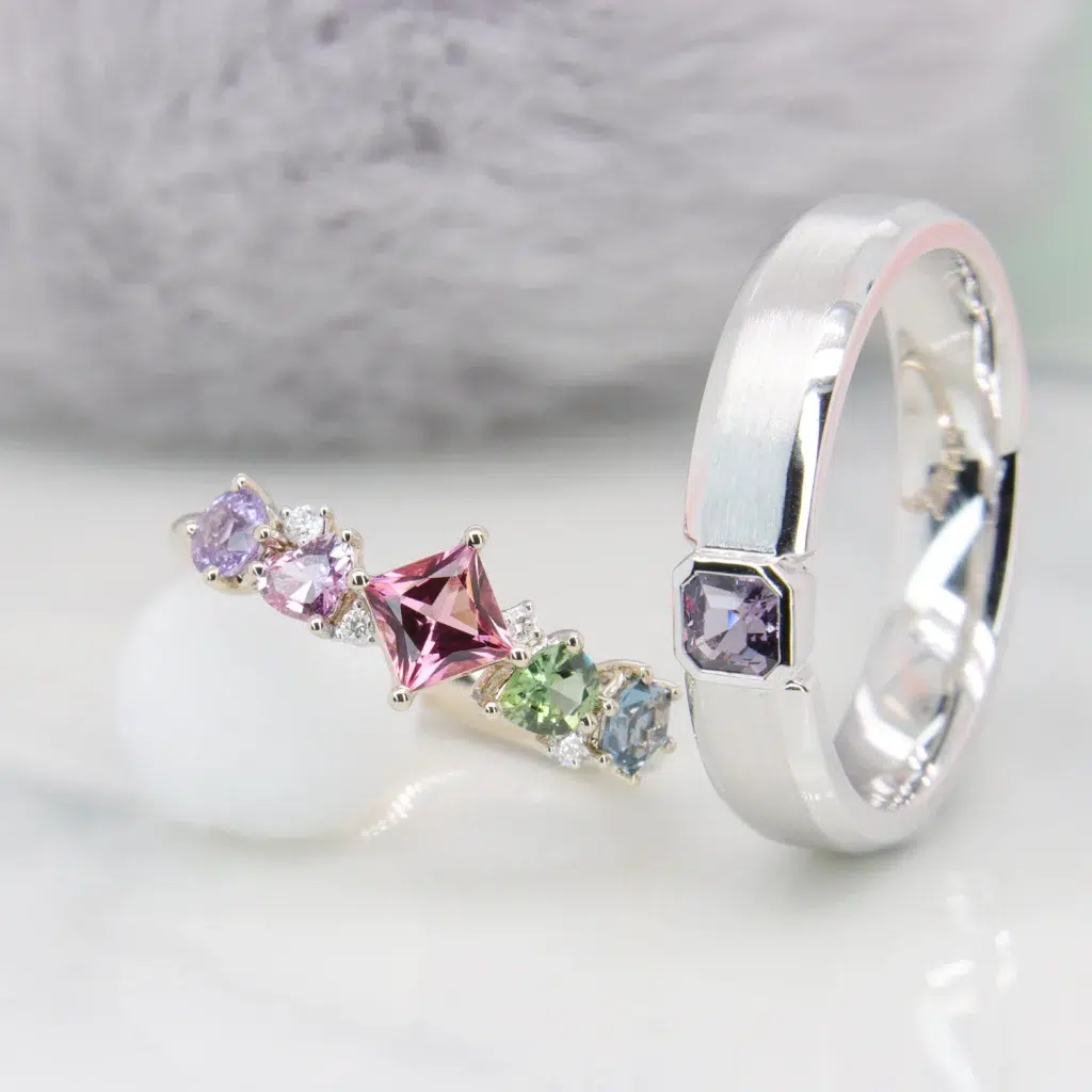 Cluster Gemstone Ring - Pink Tourmaline Cluster Gemstone Engagement Ring Men's Wedding Band in Singapore