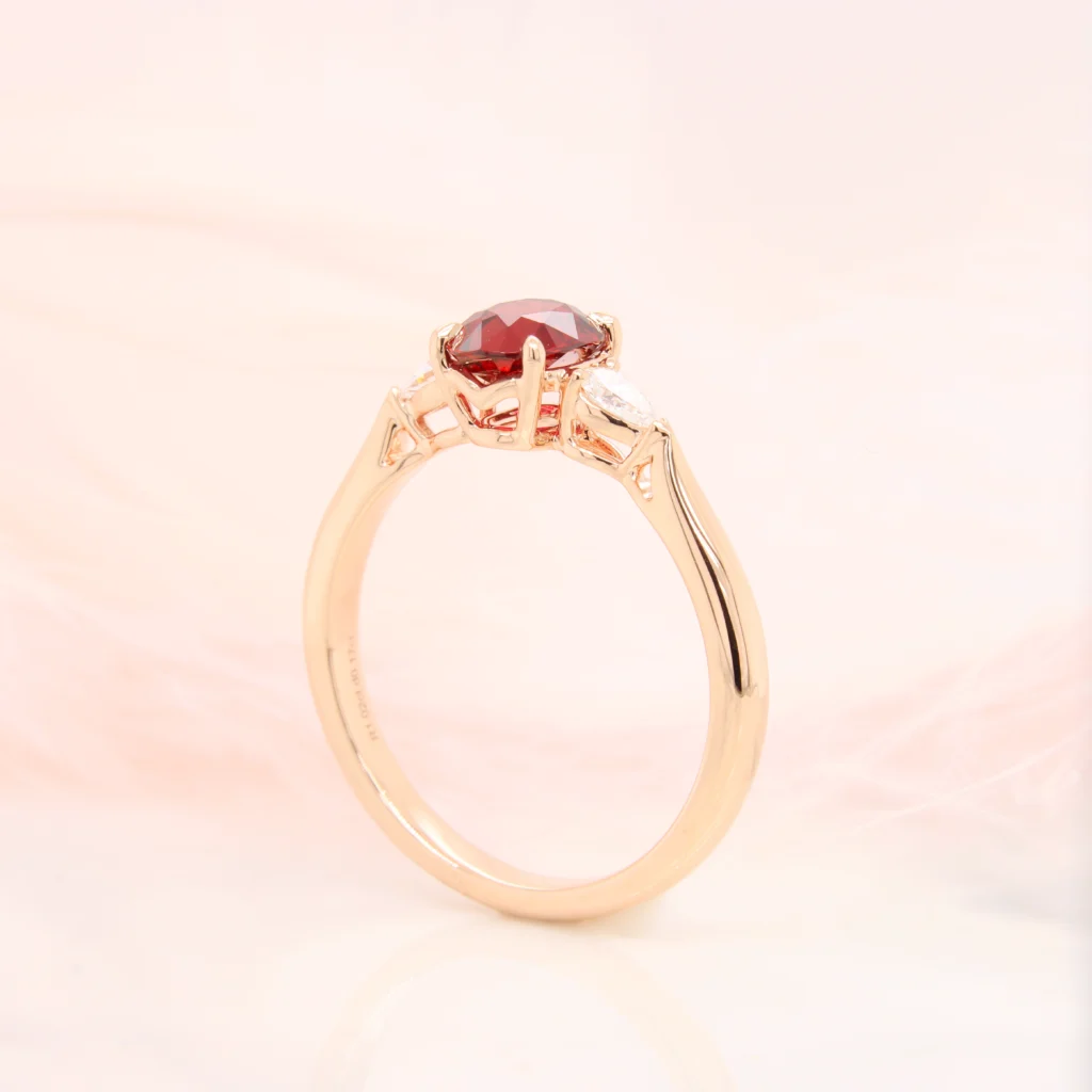 Red Ruby Ring with side diamond. Pigeon Blood Ruby and Diamond Ring - Side setting diamond view - Unheated Ruby Gemstone Ring