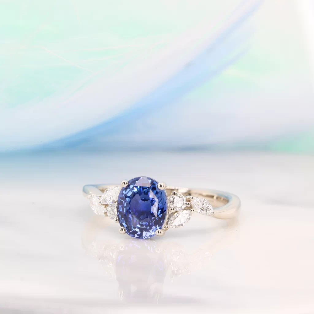 Custom Ring design with blue sapphire and marquise diamond. Personalised design to your style with bespoke jewellery
