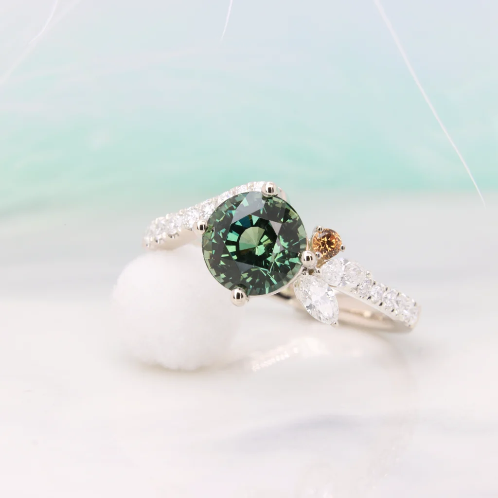 Eye Colour Gemstone Teal Sapphire Bluish Green with personalised design gemstone engagement ring