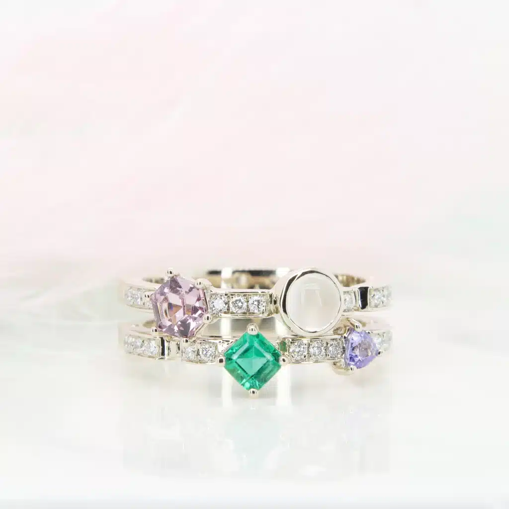 GIOIA Fine Jewellery 5 Customised Jewellery Family Birthstone Ring with moonstone tanzanite emerald spinel and diamond ring