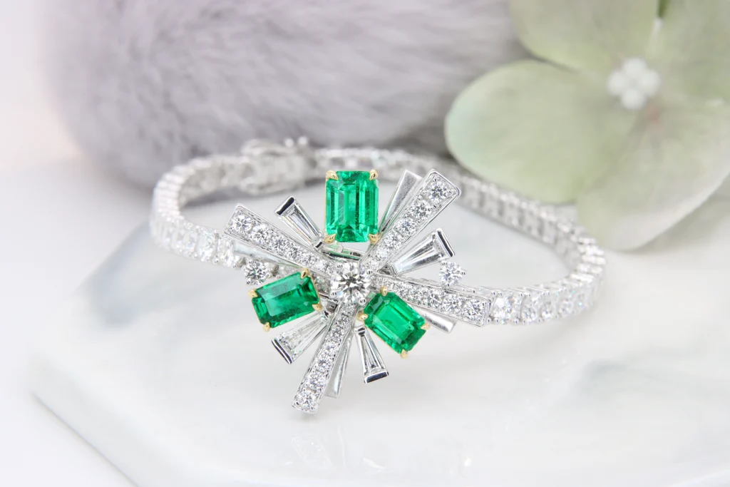 Emerald Diamond Gemstone Pendant necklace High Jewelry design with interchange attached design to diamond bracelet