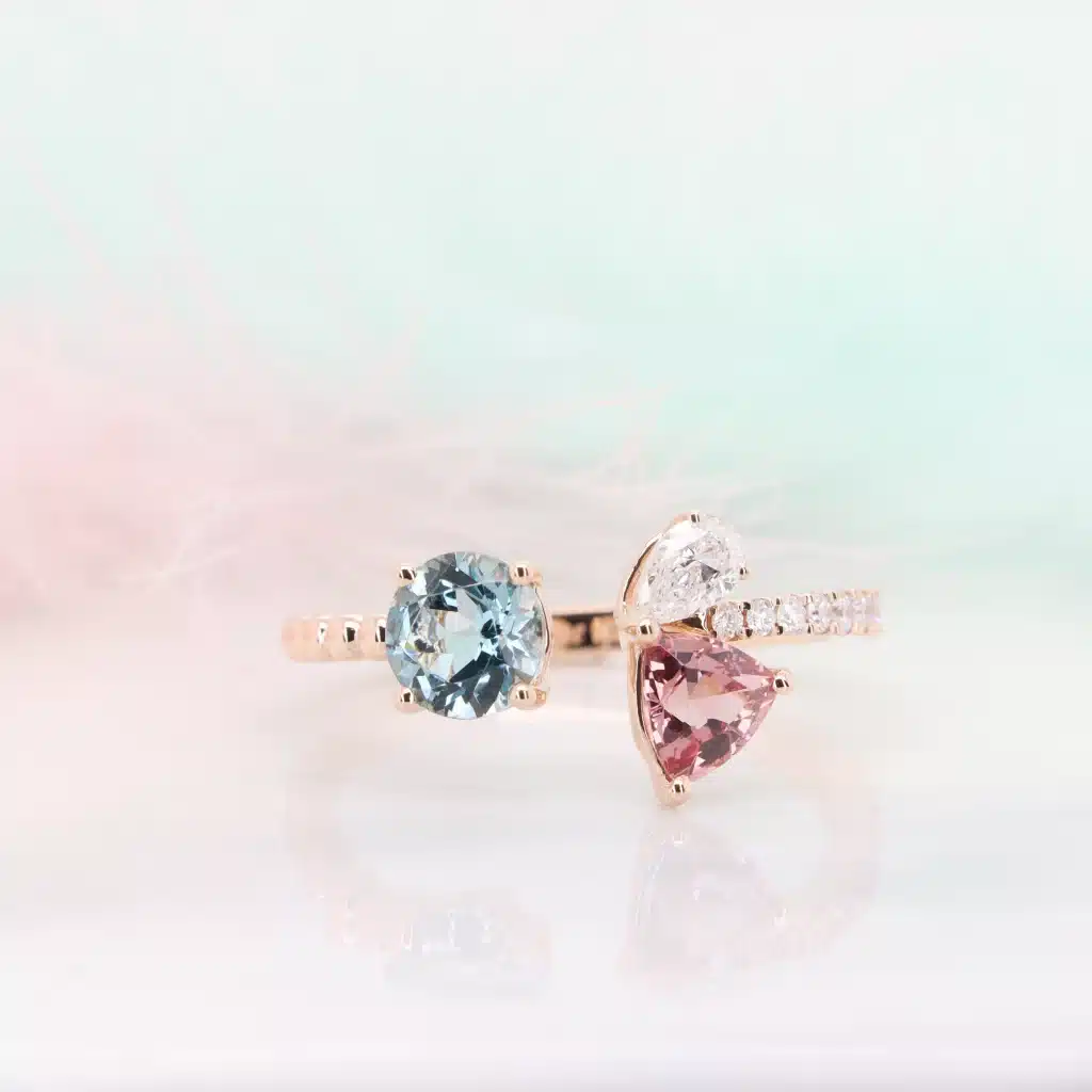 GIOIA Fine Jewellery 13 Family Birthstone Jewellery with Aquamarine Open Ring and gold Beads detailing and micropave diamond