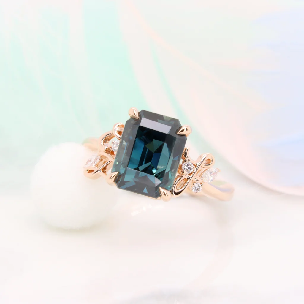 Teal Sapphire custom ring design with couple initials - Unique gemstone engagement ring in Singapore at GIOIA Fine Jewellery