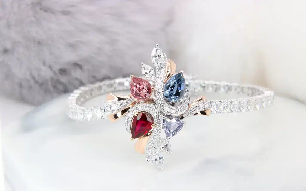 GALLERY Bespoke Jewellery High Jewelry Family Birthstone Pigeonblood Ruby Padparadscha Sapphire Spinel Pendant attachable Tennis Bracelet Diamond Interchange to Pendant Customised Fine Jewellery Perspective