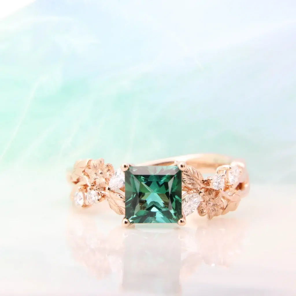 Green Tourmaline Unique Flora Ring with flower and leaves design twisted band