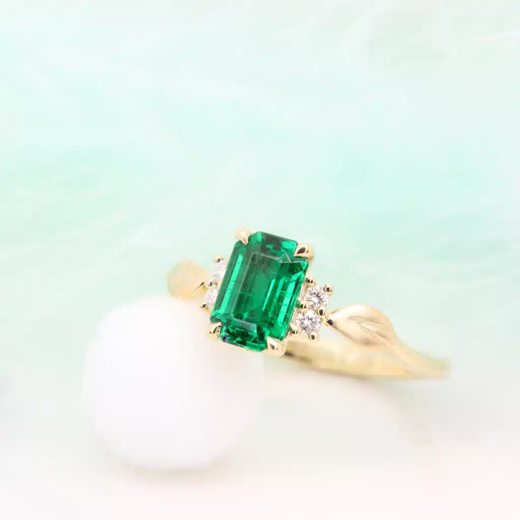 GIOIA Fine Jewellery 3 Emerald Proposal Ring leaves inspired design with diamond Custom Ring in Singapore