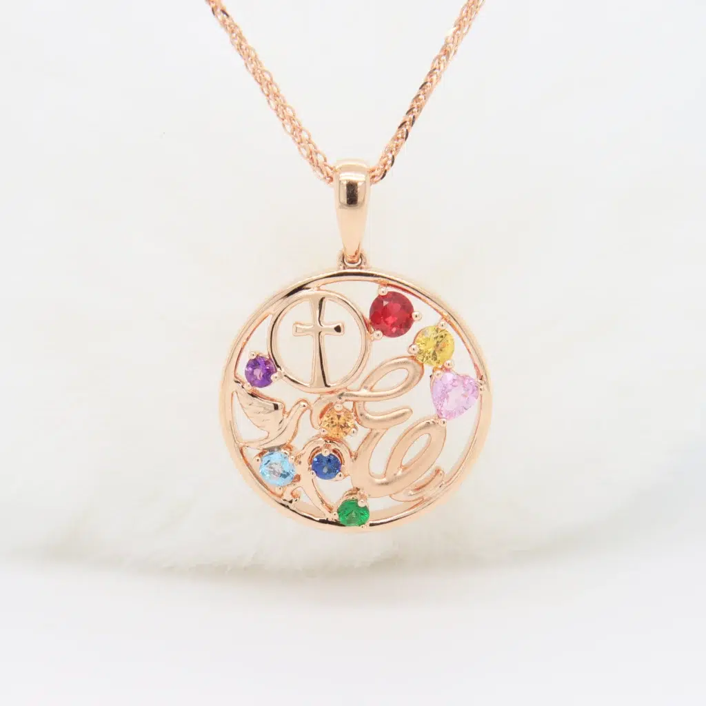 Personalised Jewellery Pendant with Christian Cross, Dove and beautifully Coloured Gemstone Pendant jewellery in Singapore.