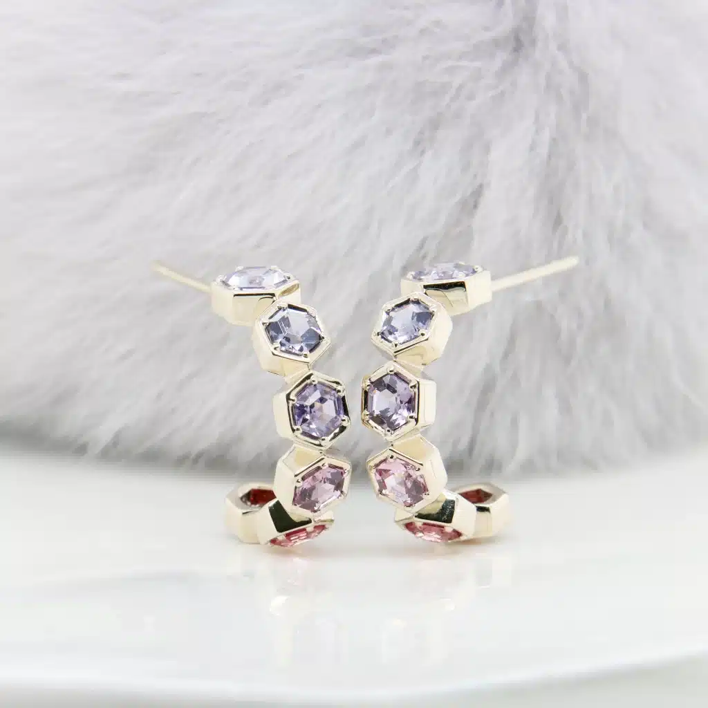 GIOIA Fine Jewellery 7 Honeycomb Jewellery - Honeycomb Earring Loop multi-coloured spinel and diamond Champagne Gold Custom Bee Honeycomb