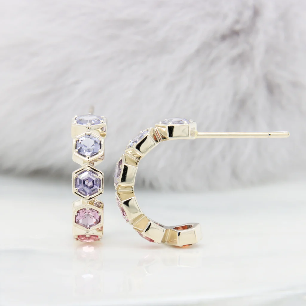 Honeycomb Jewellery - Custom Bee honeycomb loop earring multi-coloured spinel in Champagne gold, Singapore Best Bespoke Jeweller