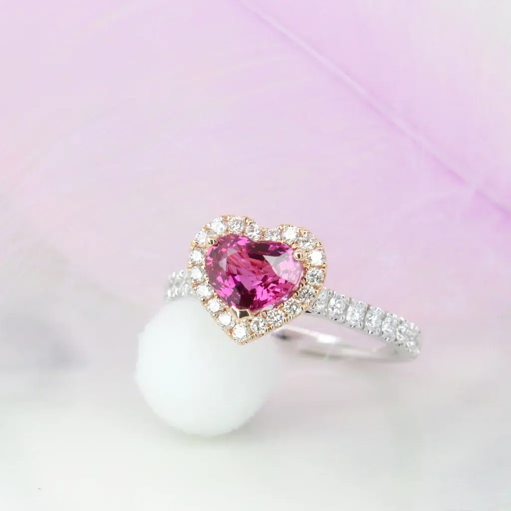 Natural Pink Sapphire in Heart Shape with halo diamond ring in Singapore 