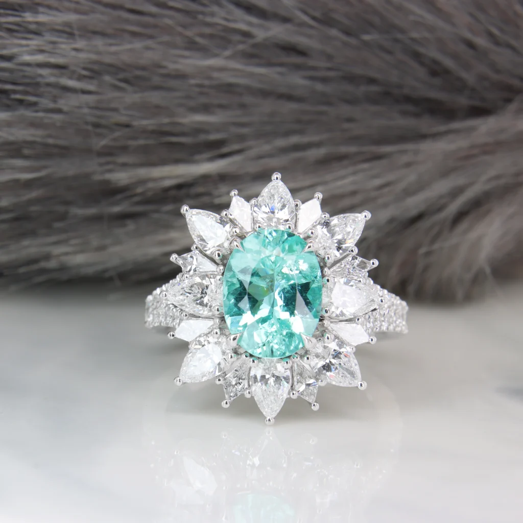 Brazil Paraiba Tourmaline Fine Jewellery High Jewelry Ring Paraiba Tourmaline Fancy Halo Diamond Fine Jewelry Ring Paraiba Jewellery in Singapore