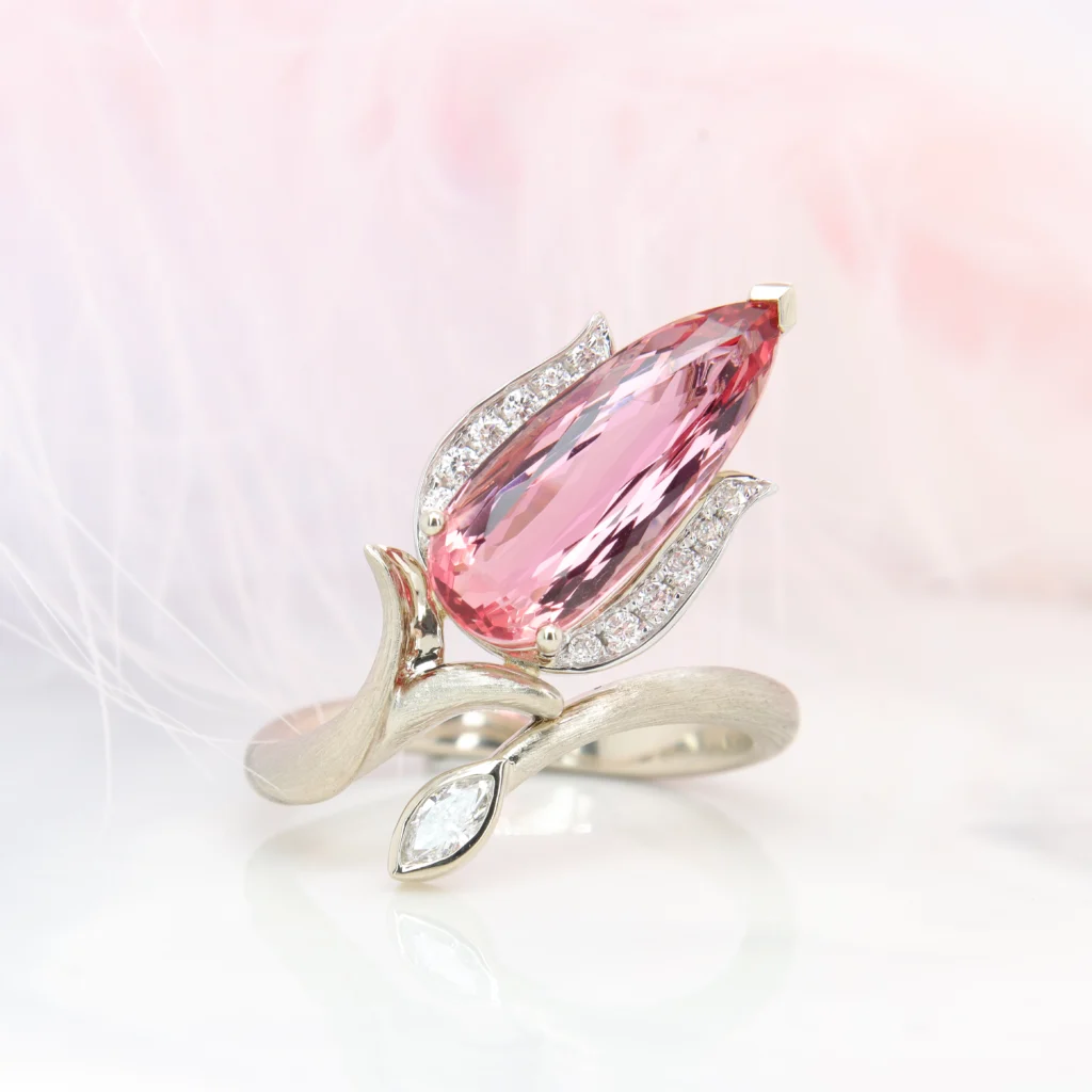 Bespoke Art Nouveau Tulip Flora Ring with Imperial Topaz - GIOIA Customised Jewellery Singapore.