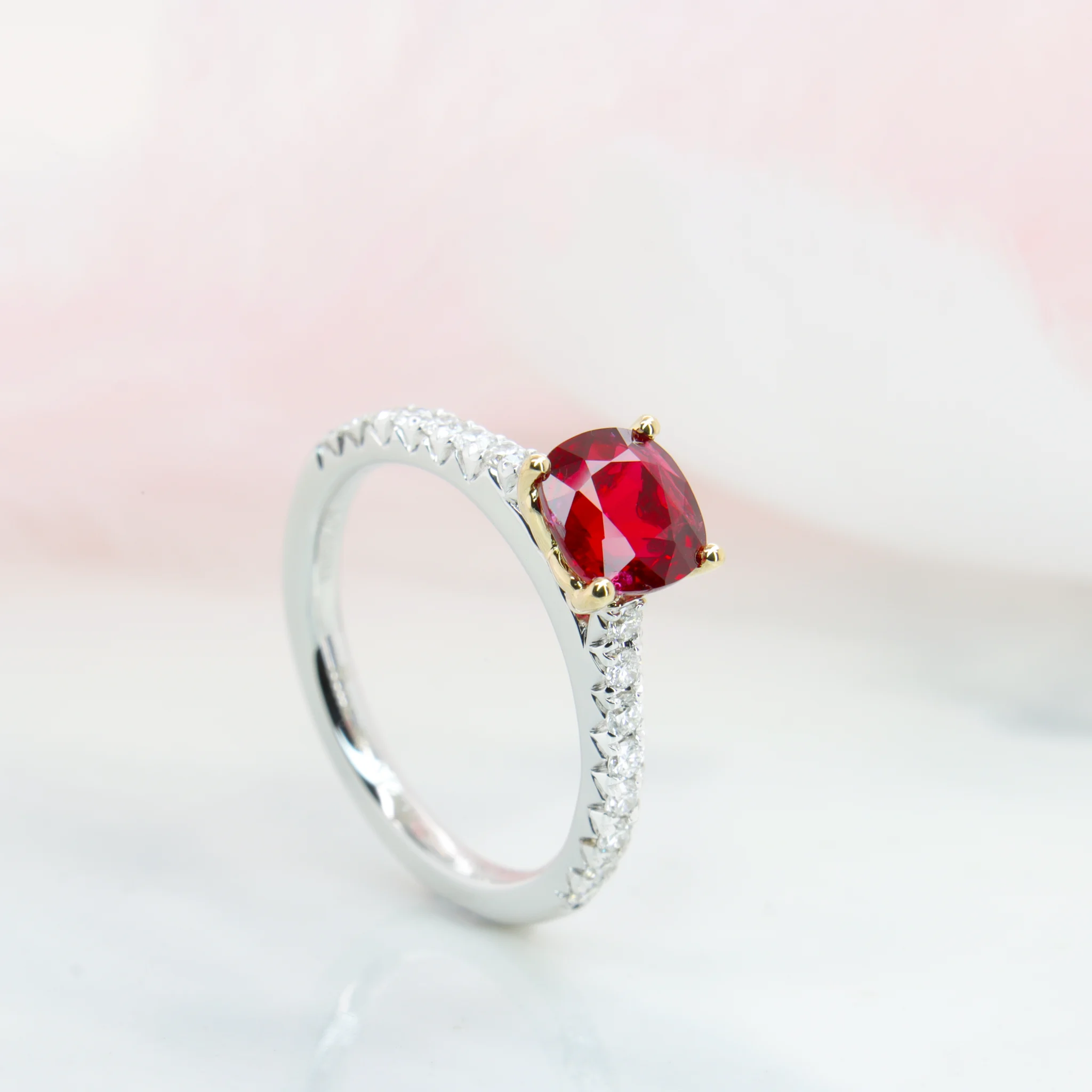Pigeon blood ruby ring with side micro-pavé diamonds, a GIOIA bespoke commission